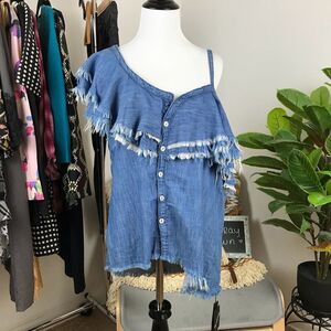 NWT blank NYC denim frayed cold shoulder‎ blouse